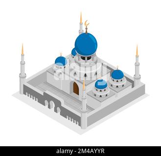 Antiker isometrischer Tempel mit hohen Türmen, muslimische Moschee-Fassade mit Steinwänden, Kuppel und Sichelsymbol oben. Religiöses Gebetsgebäude. Rea Stock Vektor