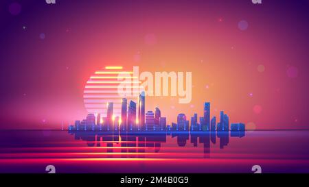 Retro-Tech-Stadthintergrund. Futuristische Technologie Stadtlandschaft bei Sonnenuntergang. Digitaler Neonfarben-Hintergrund der Future City 80s-Technologie. S Stock Vektor