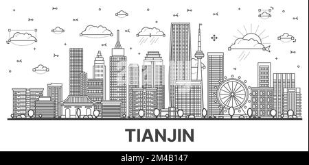 Umreißen Sie die Skyline von Tianjin China mit modernen Gebäuden, isoliert auf Weiß. Vektordarstellung. Stadtbild von Tianjin mit Wahrzeichen. Stock Vektor