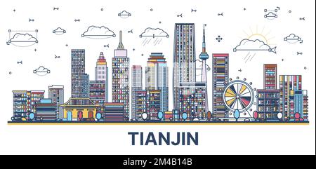 Umreißen Sie die Skyline von Tianjin China mit modernen bunten Gebäuden, isoliert auf Weiß. Vektordarstellung. Stadtbild von Tianjin mit Wahrzeichen Stock Vektor