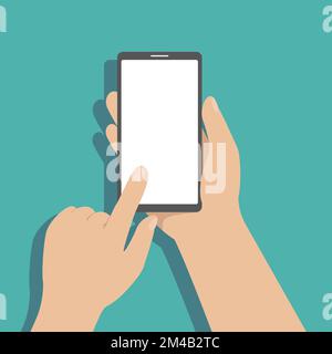 Ein Mann hält das Smartphone in der Hand und tippt mit dem Finger auf den Bildschirm. Vektordarstellung. Stock Vektor