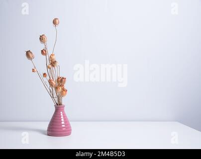 Strauß getrockneter Blumen Mohn in rosa Vase auf weißem Hintergrund. Vorderansicht und Kopierbereich Stockfoto