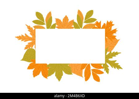 Rechteckiger, leerer Rahmen für Herbstwälder mit Platz für Text. Farbenfrohe Schablone aus Ahornbaum mit Birkenmotiv und fallendem Laub. Herbstvektor Stock Vektor