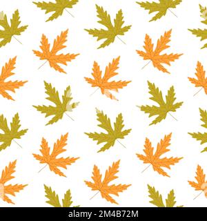 Der norwegische Ahornbaum hinterlässt ein nahtloses Herbstmuster auf weißem Hintergrund. Einfache süße Kinder gelbe grüne, herabfallende Blattschablone. Vektordarstellung. Stock Vektor