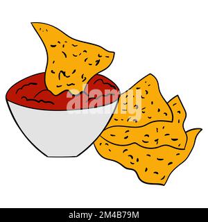 Nachos-Chips mit Sauce. Ein traditionelles Gericht der mexikanischen Küche. Stock Vektor