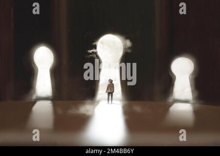 Der Mann denkt, welcher Ausgang zwischen mehreren Schlössern zu nehmen ist, Konzept der Wahl Stockfoto