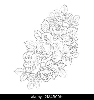 Rote Rosenblüte Blumenstrauß Umriss Vektorgrafik mit Rosenblättern für die Ausmalseite für Erwachsene Stock Vektor