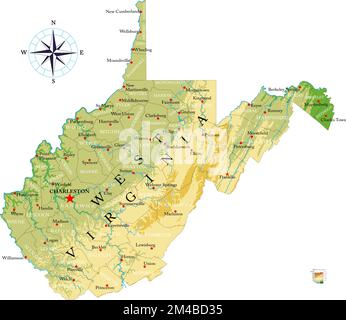 Sehr detaillierte physische Karte von West Virginia, im Vektorformat, mit allen Reliefformen, Regionen und Großstädten. Stock Vektor