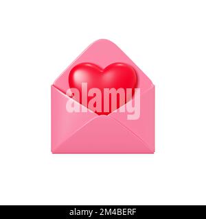 Love Letter 3D Render – offener rosafarbener Umschlag mit fliegendem rotem Herz isoliert auf Weiß. Stockfoto