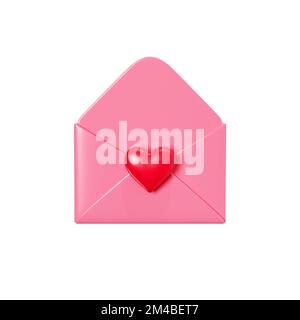 Love Letter 3D Render – offener rosafarbener Umschlag mit rotem Herz, isoliert auf Weiß. Stockfoto