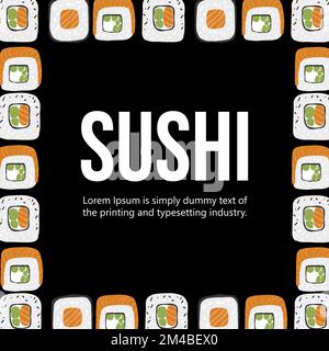 Sushi-Rollen-Illustrationen auf schwarzem Hintergrund Stock Vektor