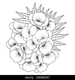 Mohnblumen Liniendesign der Farbseite Blume mit detaillierter Linienart-Vektorgrafik Stock Vektor