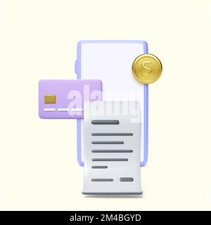 3D-Dollar-Schein mit Smartphone-Kreditkarte und Goldmünze. Konzept für Online-Banking oder Online-Zahlungsdienste. Quittungssymbol für mobile App. Vektor-Illustration Stock Vektor
