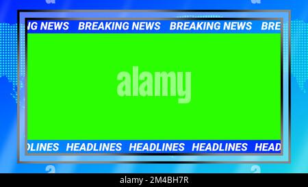 Vollständige Darstellung der Nachrichten mit grünem Bildschirm und Textbereich für Live-Übertragungen und tägliche Nachrichtenberichte. Stockfoto