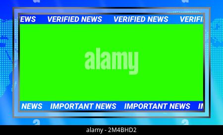 Vollständige Darstellung der Nachrichten mit grünem Bildschirm und Textbereich für Live-Übertragungen und tägliche Nachrichtenberichte. Stockfoto