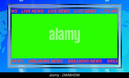 Vollständige Darstellung der Nachrichten mit grünem Bildschirm und Textbereich für Live-Übertragungen und tägliche Nachrichtenberichte. Stockfoto
