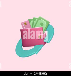 3D Cartoon realistische Geldbörse mit papr-Dollar und rosa Kreditkarte und Pfeil herum. Geschäftskonzept. Zahlungs- oder Cashback-Service. Vector Illustrati Stock Vektor