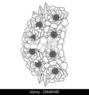 Pfingstrosen einfaches Skizzieren Bleistiftzeichnung mit schwarzen und weißen Linien, Kunstdesign Stock Vektor