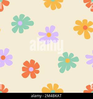 1970 nahtlose Gänseblümchenmuster. Handgezeichnete abstrakte, einfache Blumen naiv groovy Hintergrund. Doodle-Bho-Hippie-ästhetisches Design. Vektordarstellung. Stock Vektor