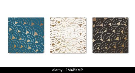 Goldenes japanisches Fluidwellen-Coverset. Abstraktes zentangle-hypnotisches Squamamamamamuster. Psychedelischer Hintergrund. Wandkunst, Poster, Hausdekoration, so Stock Vektor