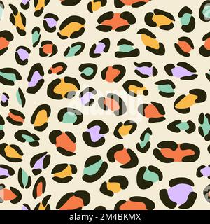 1970 Hippie-Tier mit nahtlosem Muster. Abstrakter farbiger Leoparden-Retro-Hintergrund. Psychedelische Katzenhaut-Trippy-Schablone für Cover-Poster-Textil. Vecto Stock Vektor