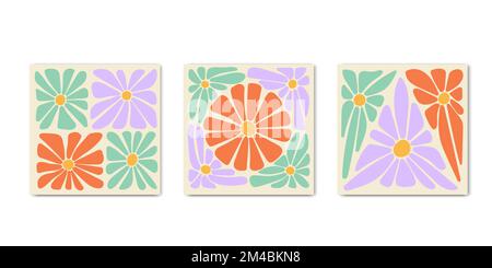 1970 quadratische Retro-Abdeckungen mit Gänseblümchen. Abstraktes groovy trippiges Blumenmuster. Minimalistische Vintage-Posterkarte, Wandbild, Banner, Hintergrund. Vec Stock Vektor