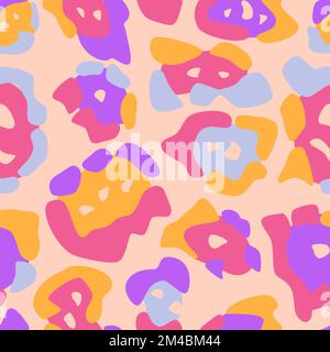 Abstrakte Tierhaut mit nahtlosem Muster im Regenbogen-90s-Stil. Jaguar sieht Hintergrund. Chaotische Klumpen, psychedelische Katzenhaut. Vektordarstellung. Stock Vektor