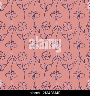Nahtloses Blumenmuster mit Linienart handgezeichnete einfache Blumen und Blätter. Minimalistischer Retro-Hintergrund. Abstrakte botanische Motive Dekoration. Vecto Stock Vektor