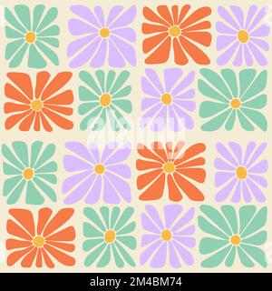 Groovy trippy Gänseblümchen Kacheln nahtloses Muster. Quadratische Blumen, die Flickenteppiche. 1970 Hippie-Retro-Vibe-Hintergrund. textilpost mit Vintage-Motiv Stock Vektor