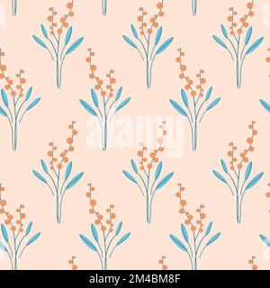 Nahtloses Muster mit naiver Kunst, handgemalte Blumen und Blätter. Niedlicher, einfacher 60s-Hintergrund im Retro-Look. Abstrakte Hyggen-botanische Dekoration. Heath oder Lavende Stock Vektor