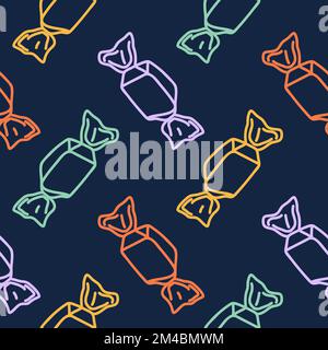 Doodle Bondies mit nahtlosem Muster. Linie Einfache handgezeichnete, helle Süßigkeiten in der Verpackung auf dunklem Hintergrund. Lustiges, skizziertes Design mit süßen Speisen. Dekorativ lecker Stock Vektor