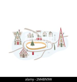 Niedlicher weihnachtlicher Stadtplan mit Straße, Dekoration, Haus, Eisbahn, Bäumen. Vektordarstellung für Karte, Banner Stock Vektor