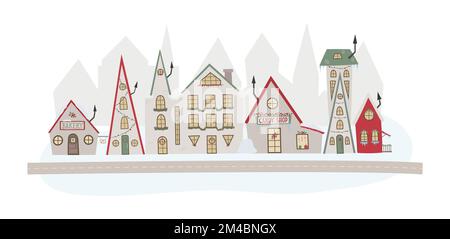 Süße Weihnachtsstadt, Stadt mit Bäckerei, Süßigkeitenladen. Vektorbild, Banner für Winterkarte, Einladung, Post Stock Vektor