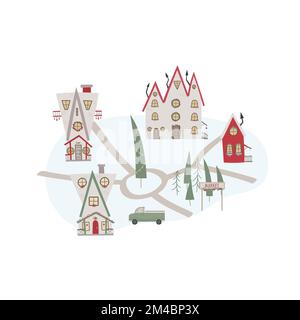 Süße Weihnachtskarte mit Straße, Bäumen, Auto, Dekoration, Häusern. Vektordarstellung für Karte, Banner Stock Vektor
