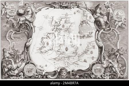 Eine Karte mit Zierelementen, die auf legorische Weise dekoriert ist und den Verlauf der unglückseligen spanischen Armada um die britischen Inseln und Irland nach ihrem erfolglosen Versuch der Invasion Englands im Jahr 1588 zeigt. Nach einer Gravur von John Pine nach einer Zeichnung von H. Gravelot, datiert von 1739. Stockfoto