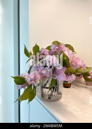 Doppelte Kirschblüten in der Glasvase Stockfoto