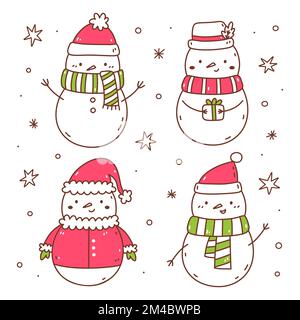 Set süßer Schneemänner in festlichen Kostümen isoliert auf weißem Hintergrund. Handgezeichnete Vektorgrafik im Doodle-Stil. Kawaii-Figuren. Perfekt für Karten, Dekorationen, Logos und Weihnachtsdesigns. Stock Vektor