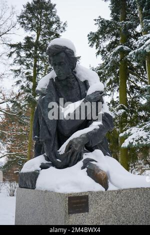 Die Bronzestatue von Frederic Chopin von Józef Gosławski im Geburtsort von Chopin in Żelazowa Wola in Polen ist von Schnee bedeckt. Stockfoto
