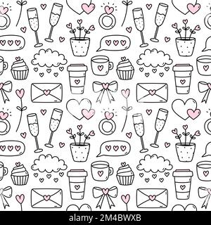 Süßes nahtloses Muster für den Valentinstag mit Champagner, Ringen, Herzen, Wolken, Umschlägen, Kaffee, Cupcakes. Handgezeichnete Vektorgrafik. Perfekt für Weihnachtsdesigns, Druck, Dekor, Verpackung Stock Vektor