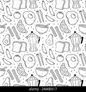Süßes, nahtloses Muster mit Frühstücksspeisen - Spiegeleier, Speck, Toast, Würstchen, Kaffee, Avocado, Tomaten, Haferflocken. Handgezeichnete Vektorgrafik. Perfekt für Druck, Geschenkpapier, Tapeten. Stock Vektor