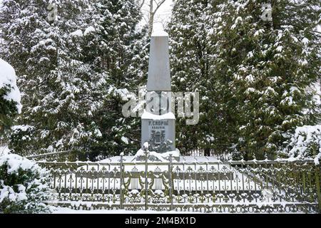 Chopin Monument-Obelisk, im Park am Geburtsort von Frederic Chopin, Zelazowa Wola, Polen. Es ist das erste Denkmal, das Chopin in Polen gewidmet ist Stockfoto