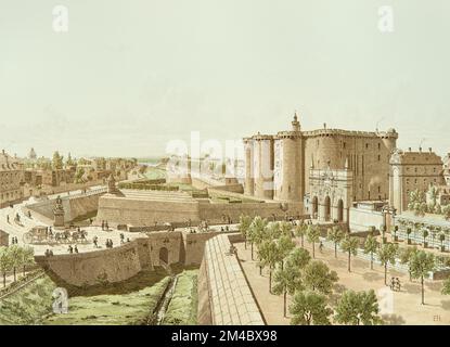 Bastille in Paris 1740 (von links nach rechts: rue de la contrescarpe, Bastion, Arsenal, bastille, Grand Boulevard, porte saint antoine) Stockfoto