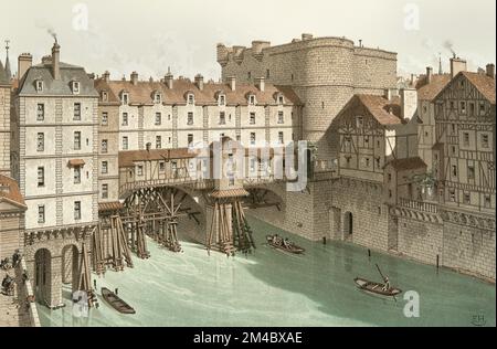 Petit Chatelet und Petit Pont in Paris im Jahr 1717 (von links nach rechts: Quai du Marche Neuf, Maison du Croissant, Petit Pont, Petit Chatelet, Ruelle des Euves) Stockfoto