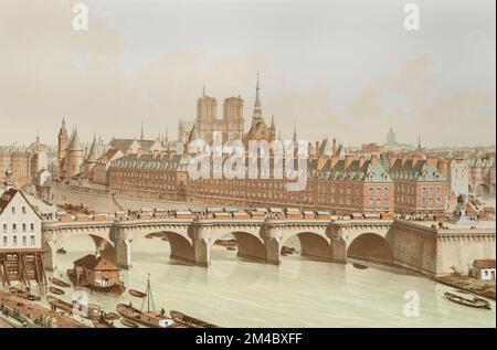 La Cité und Pont Neuf in Paris im Jahr 1665 (von links nach rechts: Pont aux Changes, La Samaritaine, Concierge, Rue de Harlay, Pont Neuf, Quai des Morfondus, Place Dauphine, Pont St Michel, Bronze Horse) Stockfoto