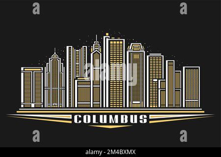 Vektordarstellung von Columbus, dunkles horizontales Poster mit linearem Design, berühmtes stadtbild von columbus vor dem Hintergrund des dunklen Himmels, amerikanische urbane Linienkunst Stock Vektor