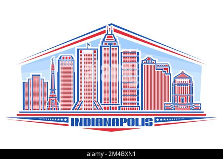 Vektordarstellung von Indianapolis, horizontales Abzeichen mit linearem Design, berühmte Stadtlandschaft von indianapolis auf dem Hintergrund des Tageslichts, rote urbane Linie Art Conc Stock Vektor