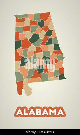 Alabama-Poster im Retro-Stil. Karte des US-Bundesstaates mit Regionen in der Farbpalette für den Herbst. Die Form von Alabama mit unserem Staatsnamen. Moderne Vektor-Illustrationen Stock Vektor