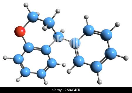 3D-Bild der Benzachroman-Skelettformel - molekularchemische Struktur des auf weißem Hintergrund isolierten Flavonoids Stockfoto