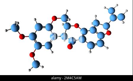 3D-Bild einer Rotenon-Skelettformel - molekularchemische Struktur eines auf weißem Hintergrund isolierten Breitspektrum-Insektizids Stockfoto