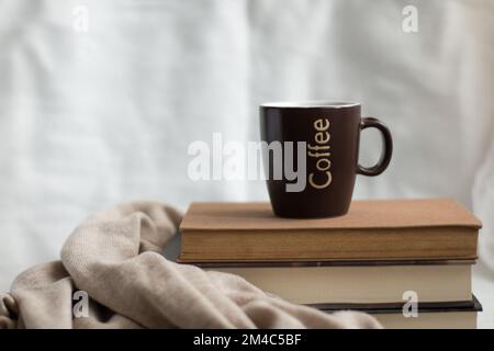 Eine Kaffeetasse auf ein paar Büchern in einem gemütlichen Raum. Konzept der Herbstaktivitäten im Innenbereich. Stockfoto